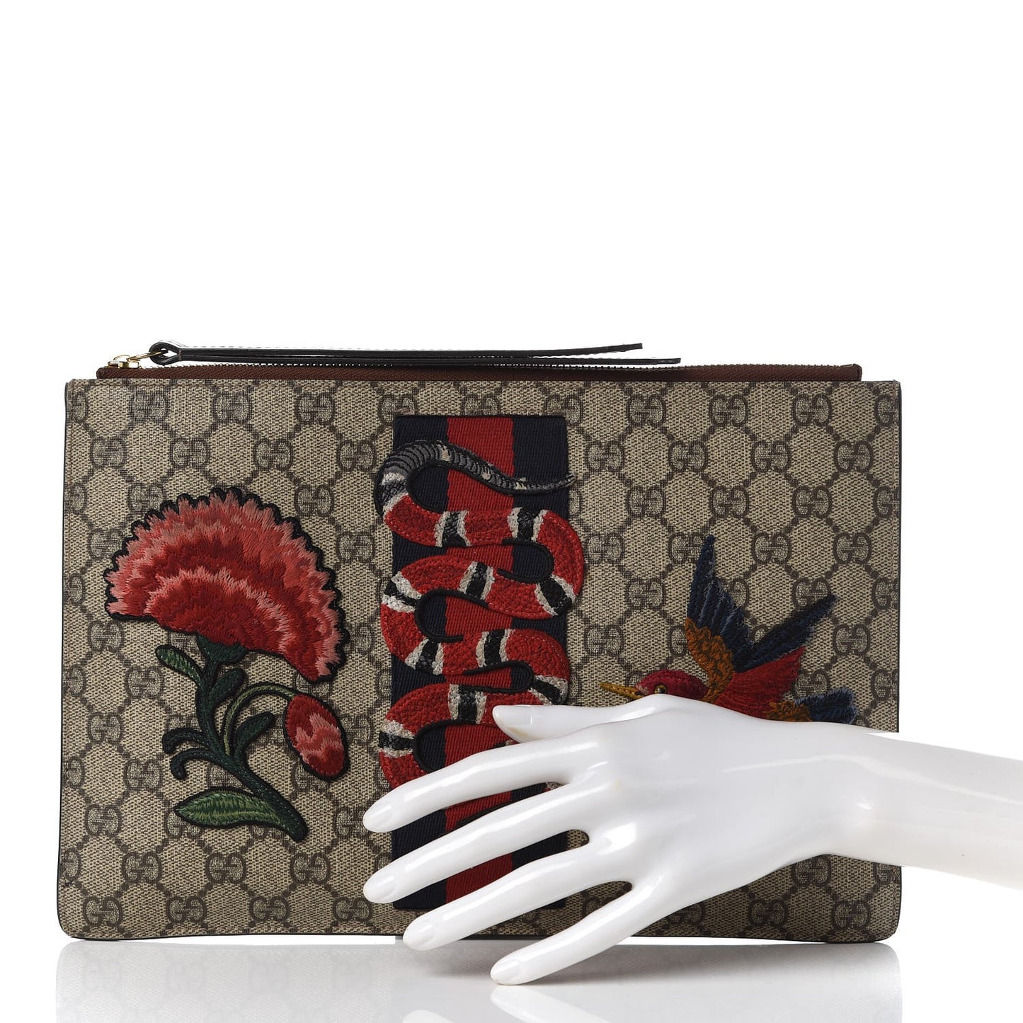 GG Supreme Monogram Web Kingsnake Embroidered Large Zip Pouch Brown