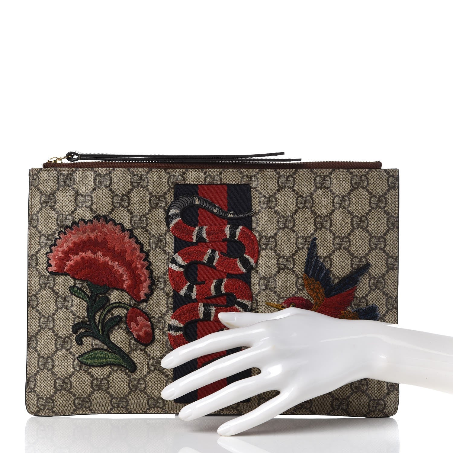 Gucci GG Supreme Monogram Web Kingsnake Embroidered Large Zip Pouch Brown 2 of 8