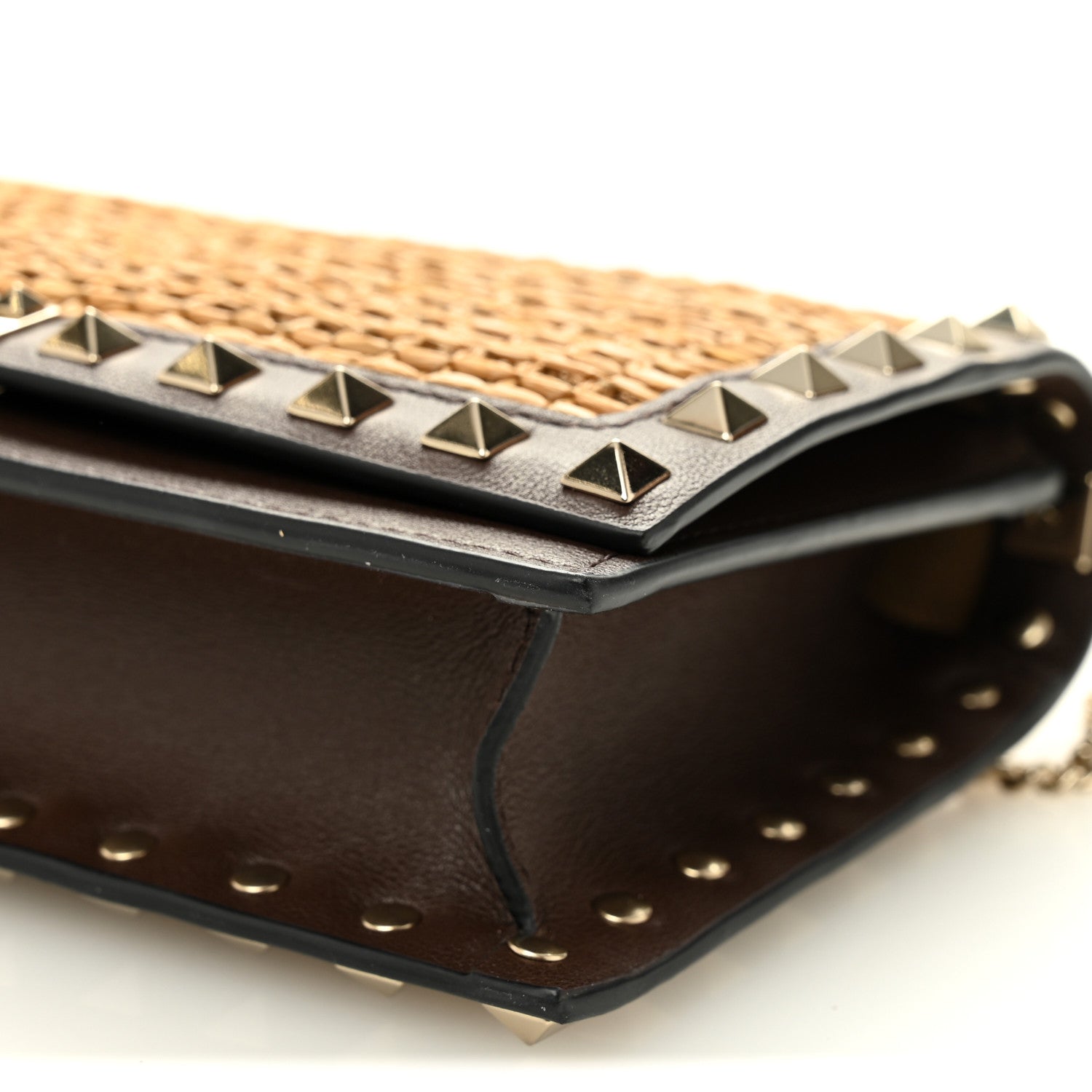Valentino Garavani Raffia Calfskin Rockstud Wallet On Chain Pouch Natural Brown 9 of 9