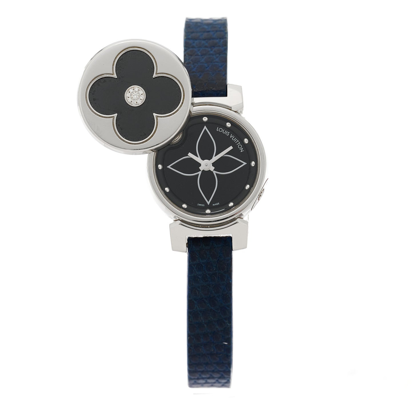 Stainless Steel Lizard Diamond 22mm Tambour Bijou Secret Quartz Watch Black