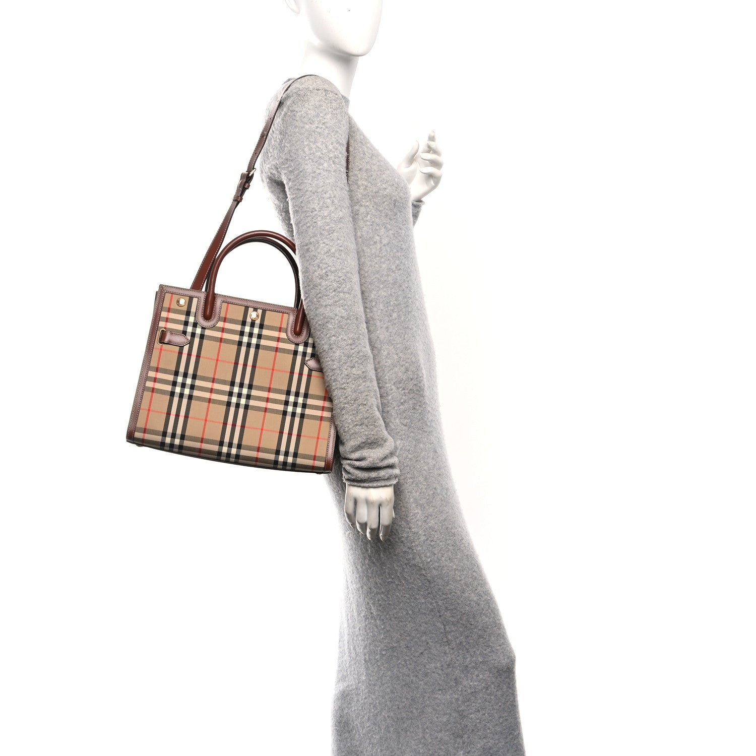 Burberry Calfskin Vintage Check Two Handle Title Bag Archive Beige 2 of 9