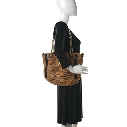 Gucci Raffia Effect Medium GG Marmont Shoulder Tote Bag Natural Black 2 of 10
