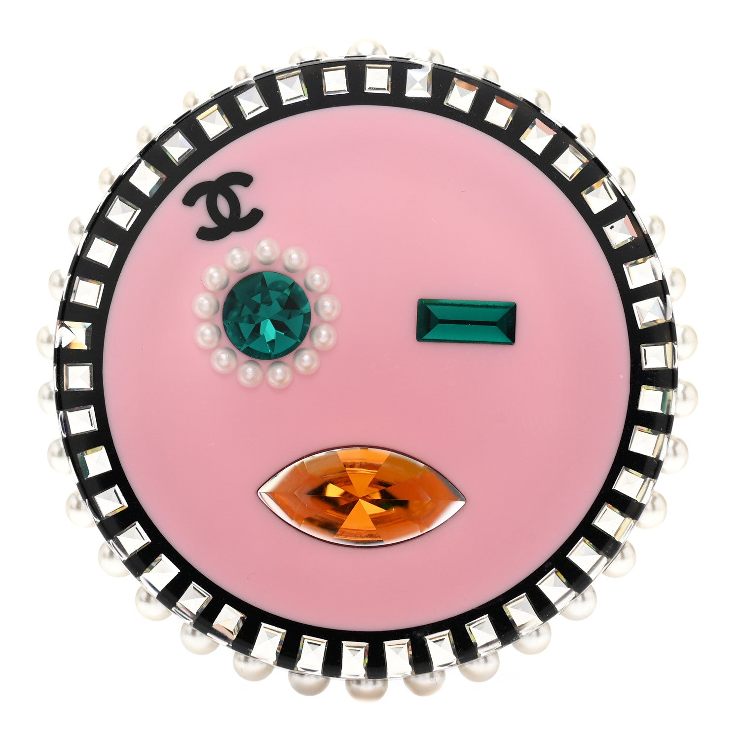 Chanel Metal Resin Pearl Emoji Brooch Silver Pink 1 of 4