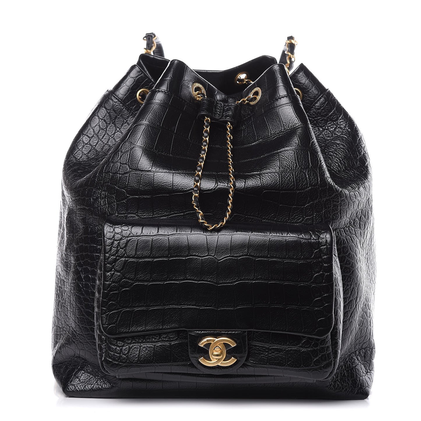 Calfskin Crocodile Embossed Large Backpack Black