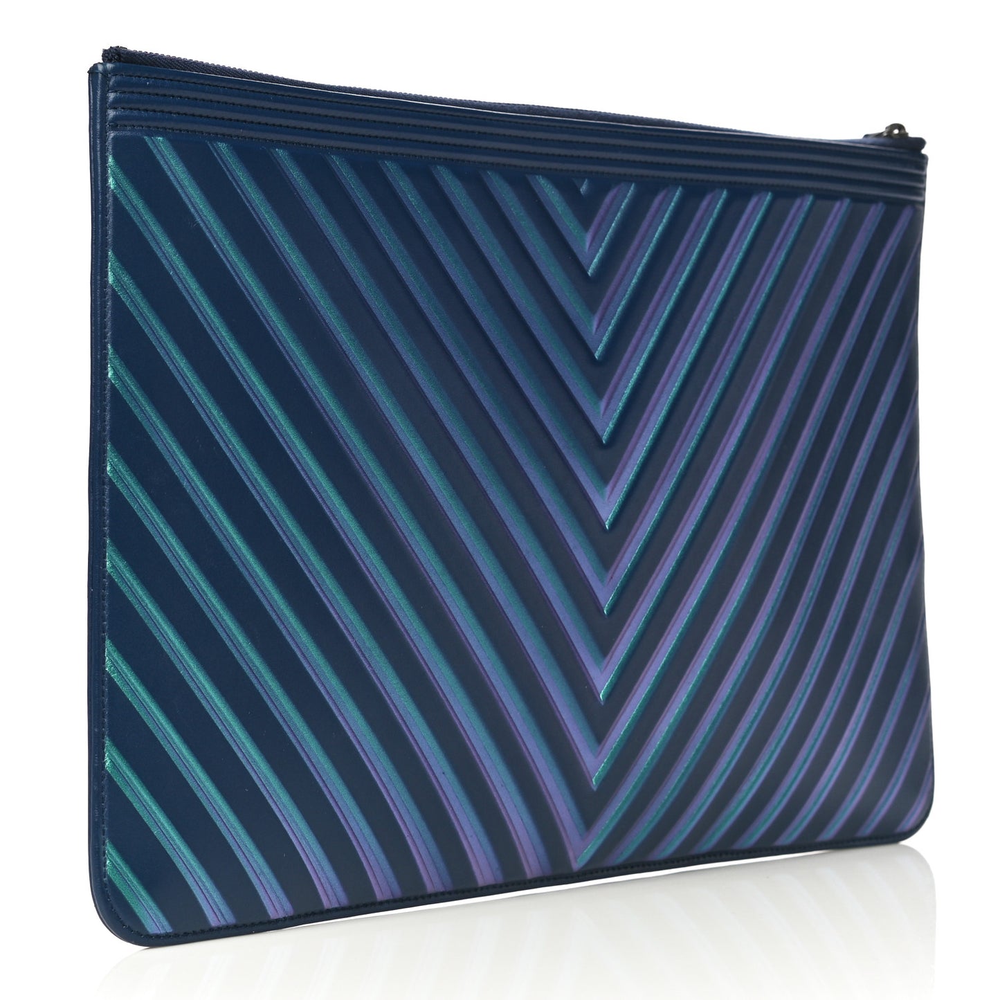 Calfskin Painted Chevron Embossed Large Boy Zip Pouch Black