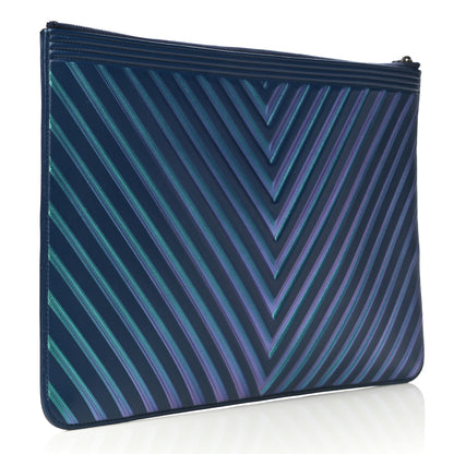 Chanel Calfskin Painted Chevron Embossed Large Boy Zip Pouch Green Navy 3 of 10