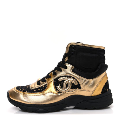Chanel Satin Lambskin Fabric Tweed CC High Top Sneakers 38  Black Gold 1 of 9