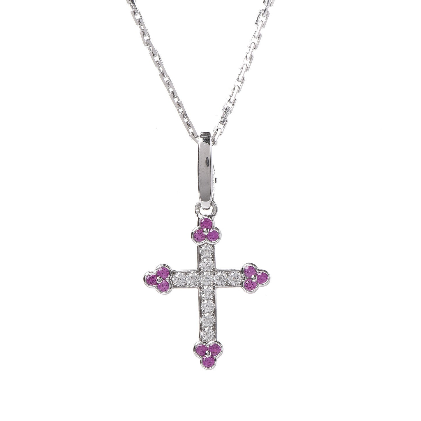 18K White Gold Diamond Pink Sapphire Cross Pendant Necklace