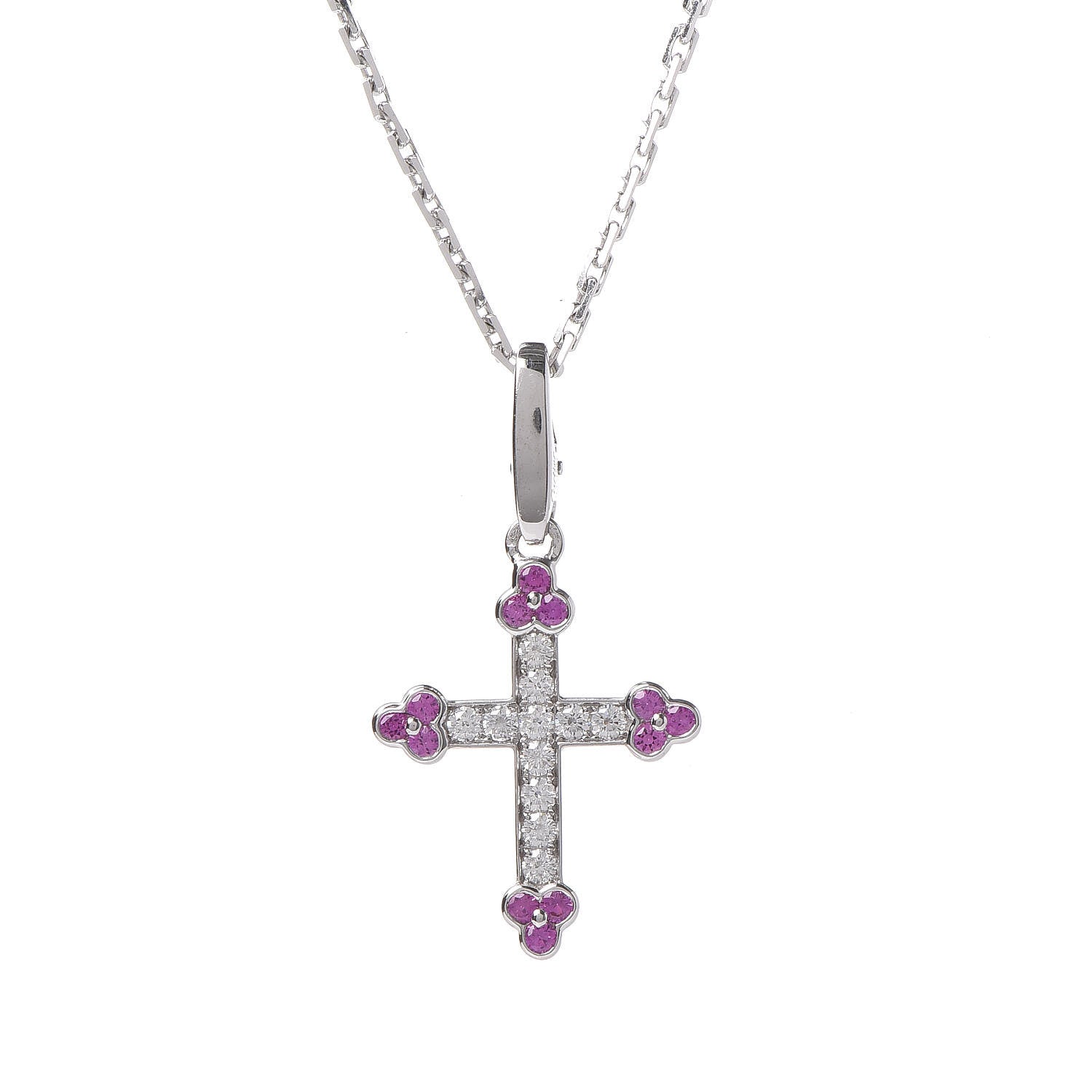 Cartier 18K White Gold Diamond Pink Sapphire Cross Pendant Necklace 4 of 6