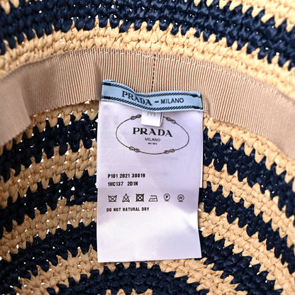 Prada Raffia Striped Logo Embroidered Womens Bucket Hat M Naturale Baltico 7 of 7