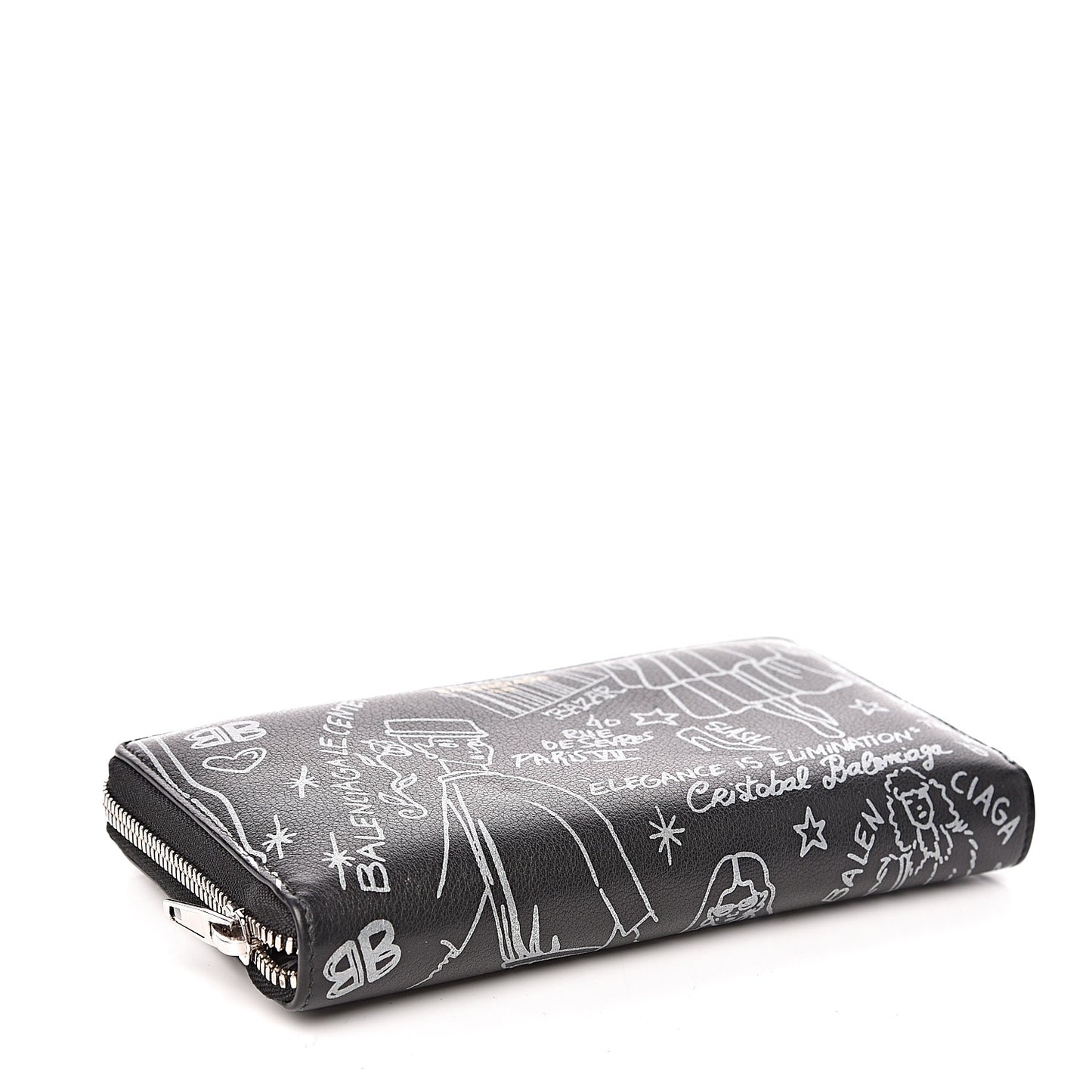 Calfskin Classic Silver Hardware Printed Tattoo Everyday Continental Zip Around Wallet Black