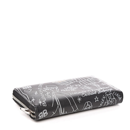 Balenciaga Calfskin Classic Silver Hardware Printed Tattoo Everyday Continental Zip Around Wallet Black 4 of 7