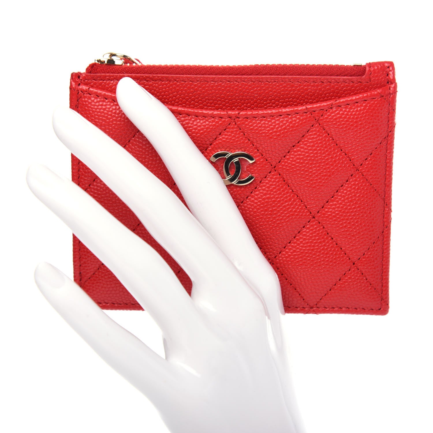 Chanel Caviar Quilted CC Zip Card Holder Red 2 of 8