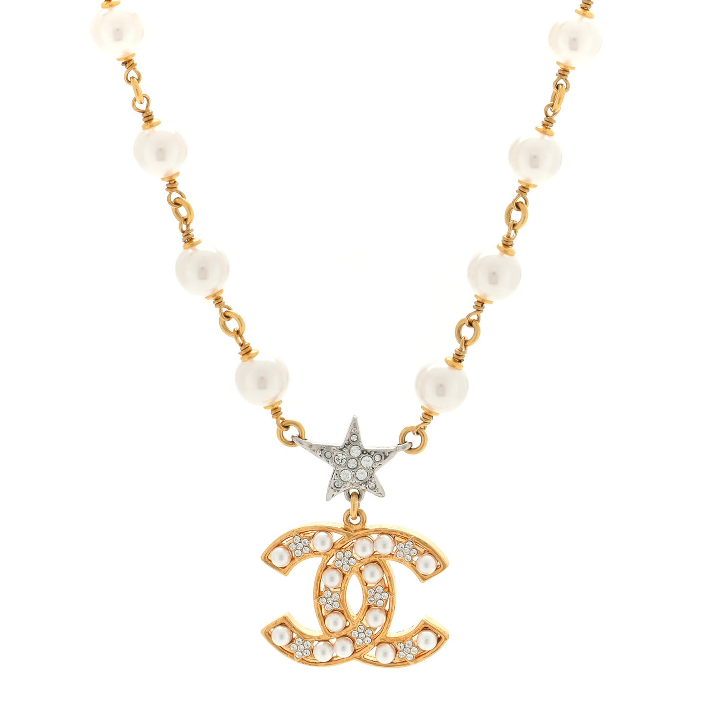 Metal Pearl Crystal CC Star Necklace Gold