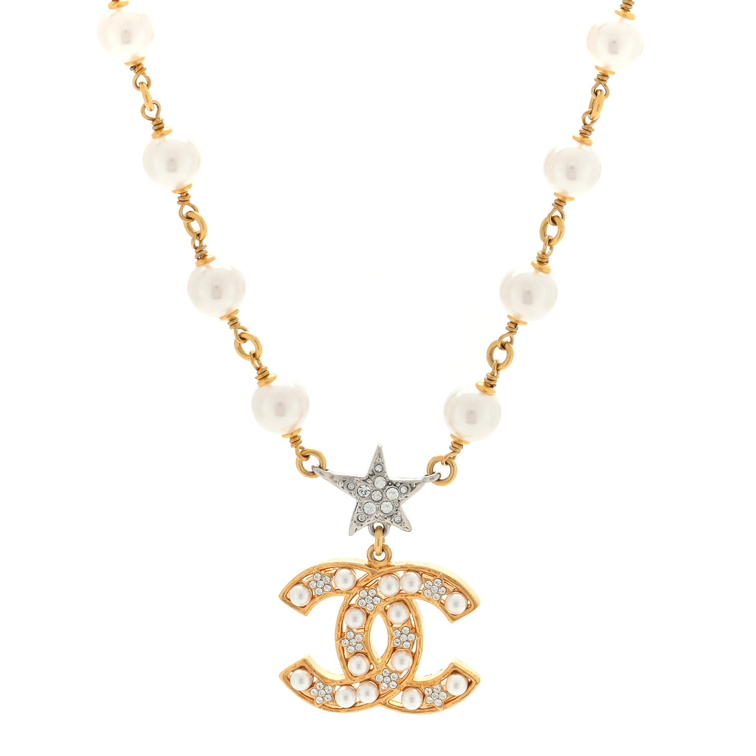 Chanel Metal Pearl Crystal CC Star Necklace Gold 1 of 4