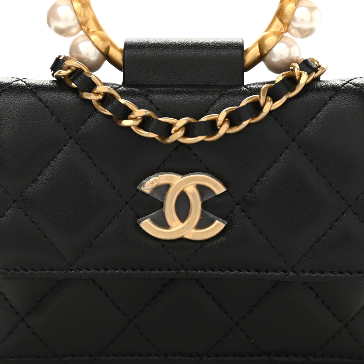 Lambskin Quilted Pearl Crown Clutch With Chain Black
