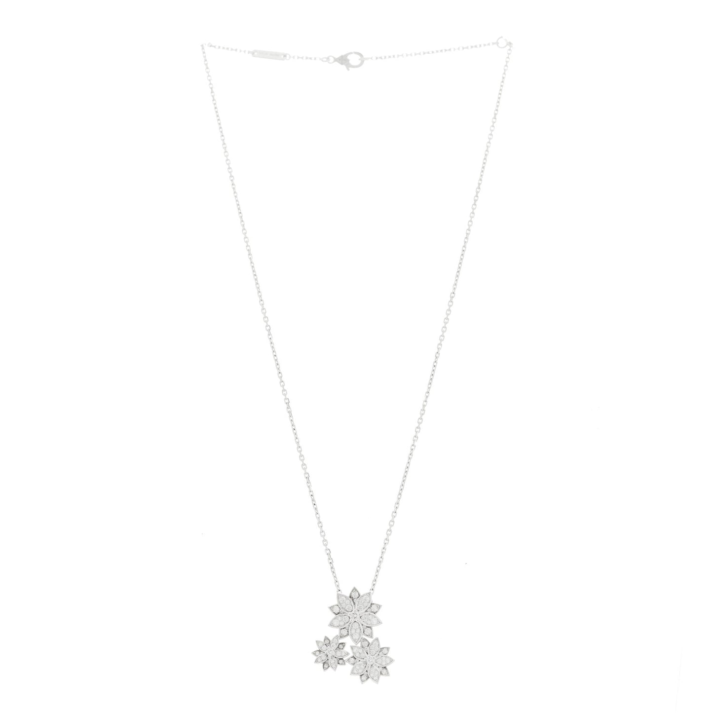 18K White Gold Diamond Lotus 3 Flowers Pendant Necklace