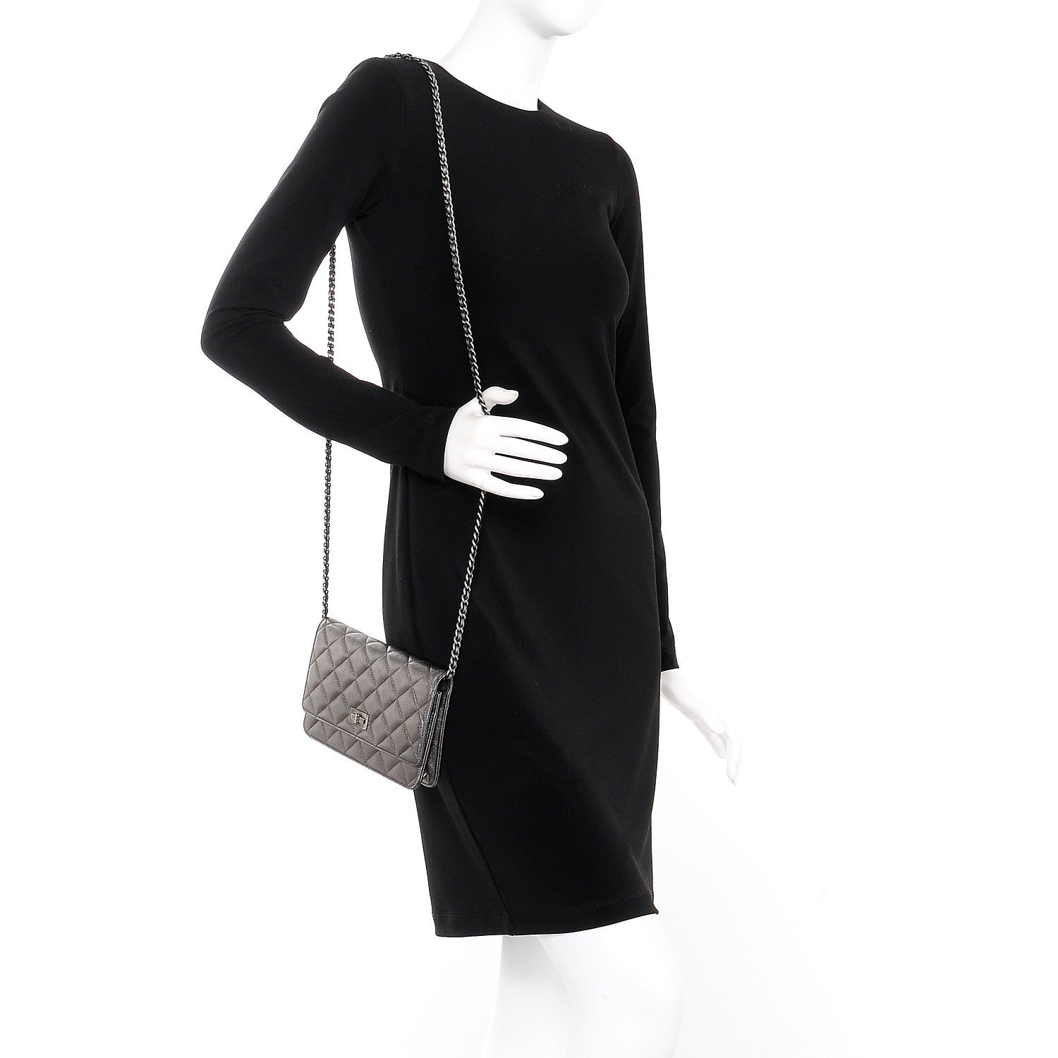 Chanel Metallic Lambskin Quilted Reissue Wallet On Chain WOC Dark Silver 2 of 9