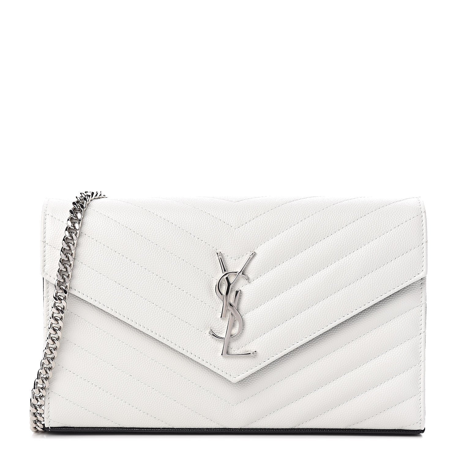 Saint Laurent Grain De Poudre Matelasse Bi-Color Chevron Monogram Chain Wallet White Black 1 of 10