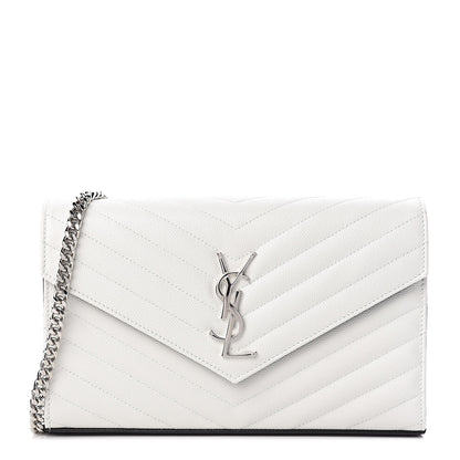 Saint Laurent Grain De Poudre Matelasse Bi-Color Chevron Monogram Chain Wallet White Black 1 of 10