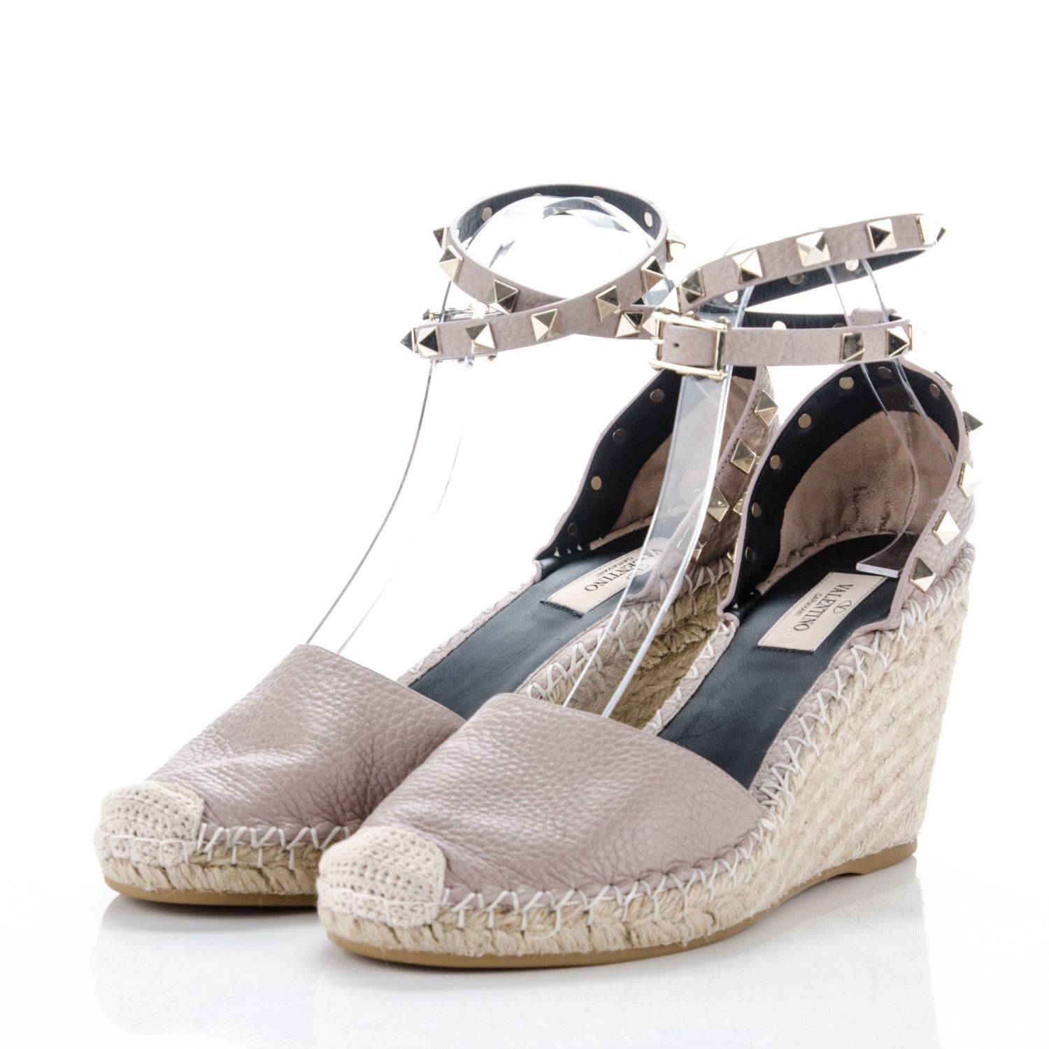 Valentino Garavani Grained Calfskin Rockstud Ankle Wrap Espadrille 15/85mm Wedges 39 Poudre Natural 3 of 7
