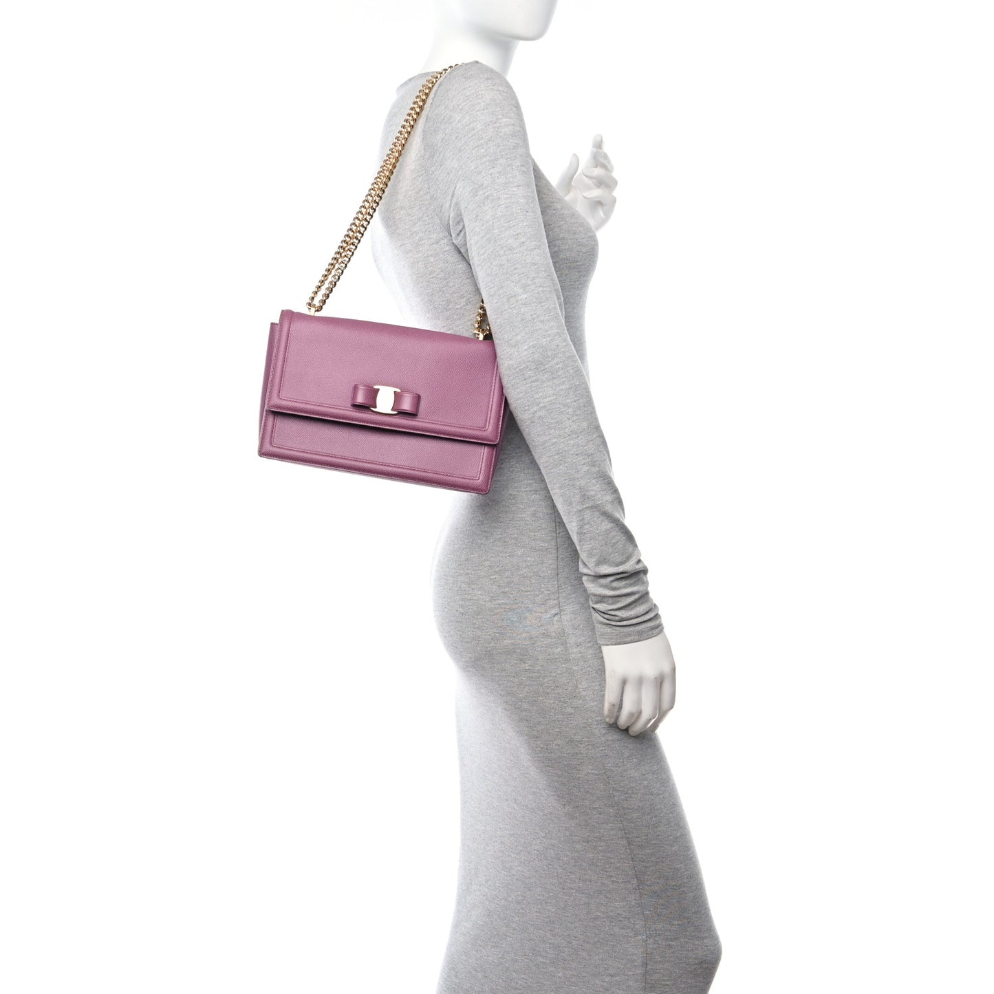 Pebble Calfskin Ginny Vara Bow Shoulder Bag Mauve