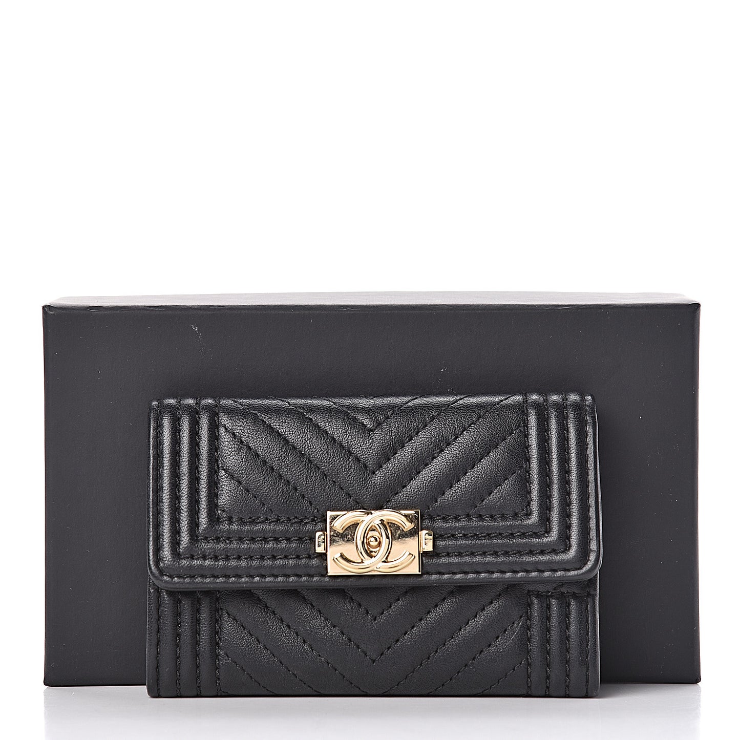Lambskin Chevron Quilted Boy Card Holder Black