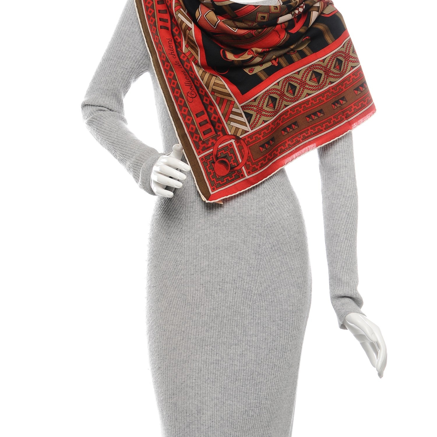 Hermes Cashmere Silk Colliers de Chiens Shawl 140 Black Rouge Kaki 2 of 8