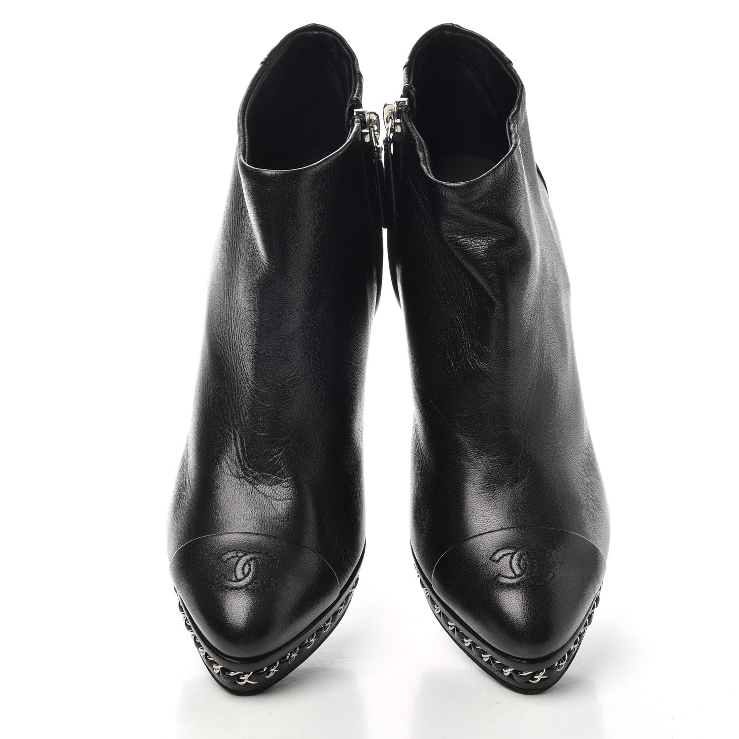 Chanel Lambskin CC Platform Cap Toe Chain Ankle Boots 37 Black 5 of 10