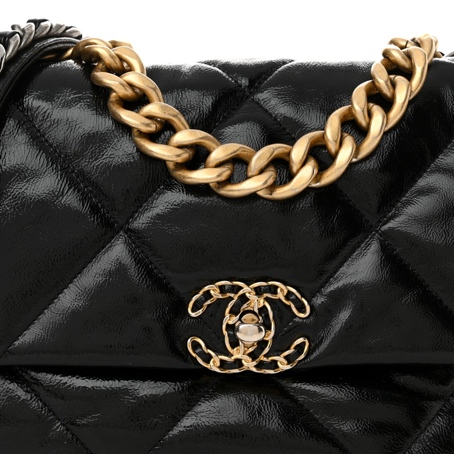 Shiny Crumpled Calfskin Quilted Large Chanel 19 Flap Black