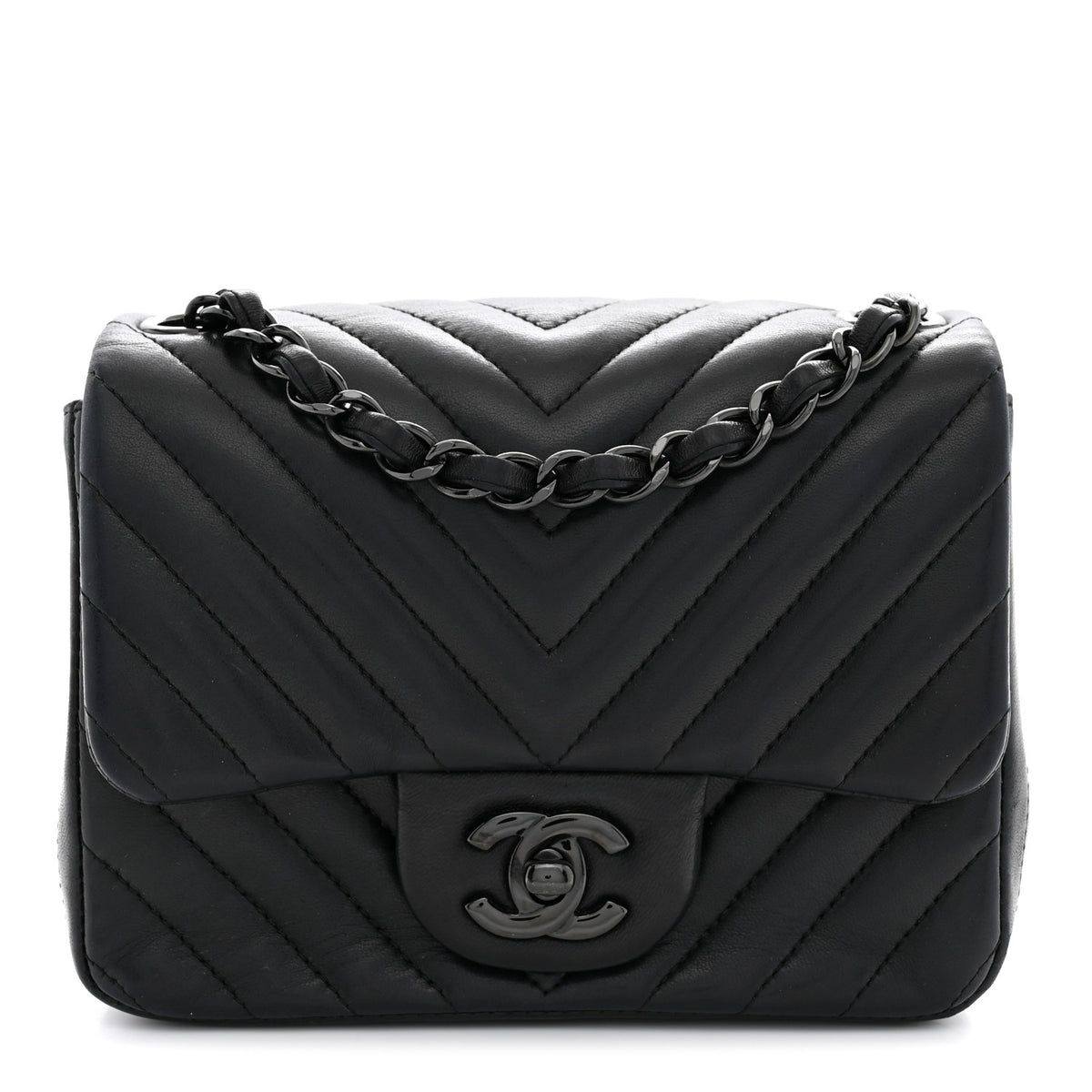 Lambskin Chevron Quilted Mini Square Flap So Black
