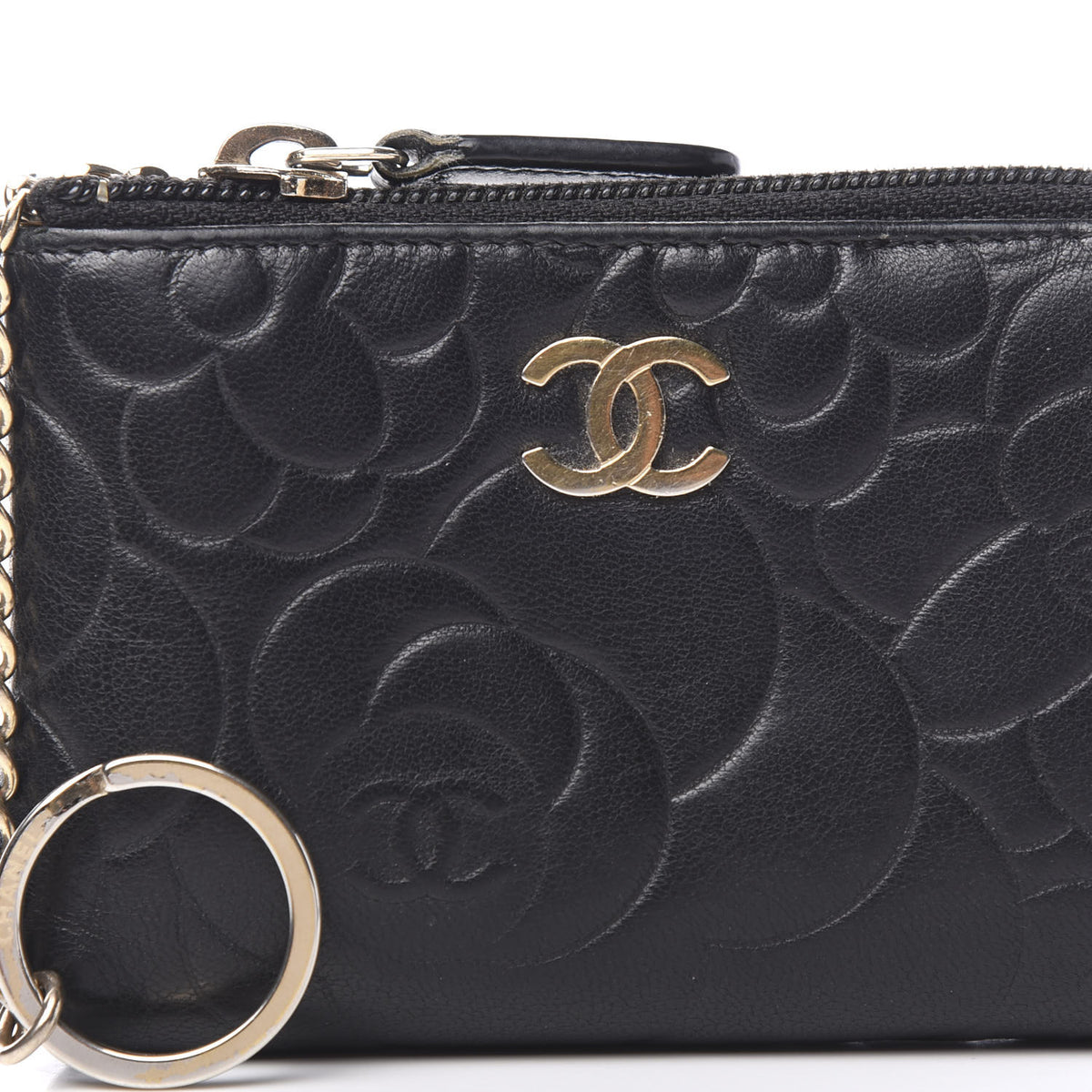 Lambskin Camellia Embossed Key Holder Case Black