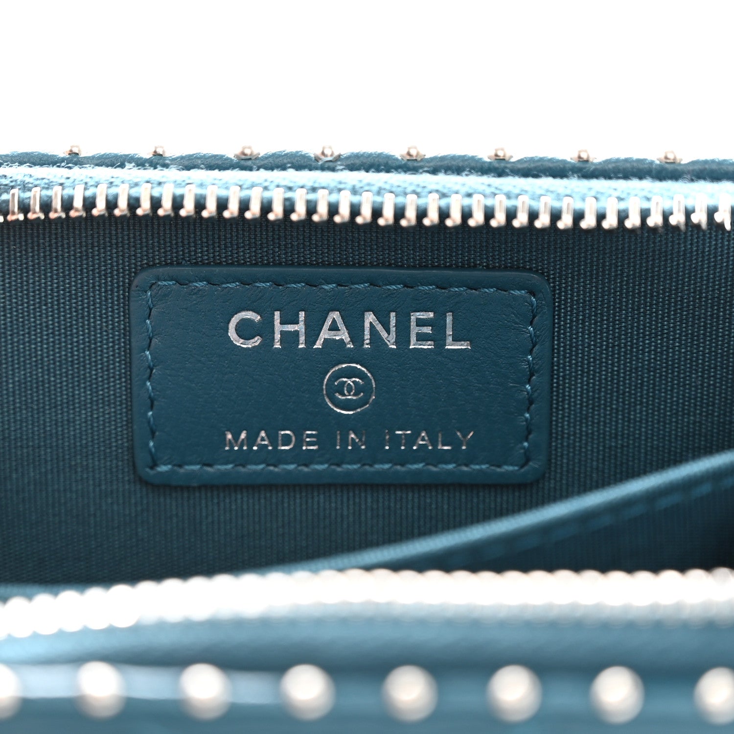 Chanel Lambskin Chevron Quilted Studded Zip Around Coin Purse Blue 6 of 9