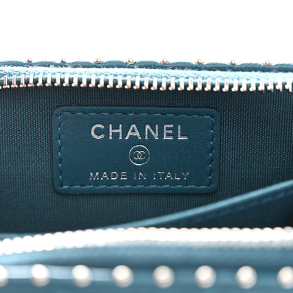 Chanel Lambskin Chevron Quilted Studded Zip Around Coin Purse Blue 6 of 9