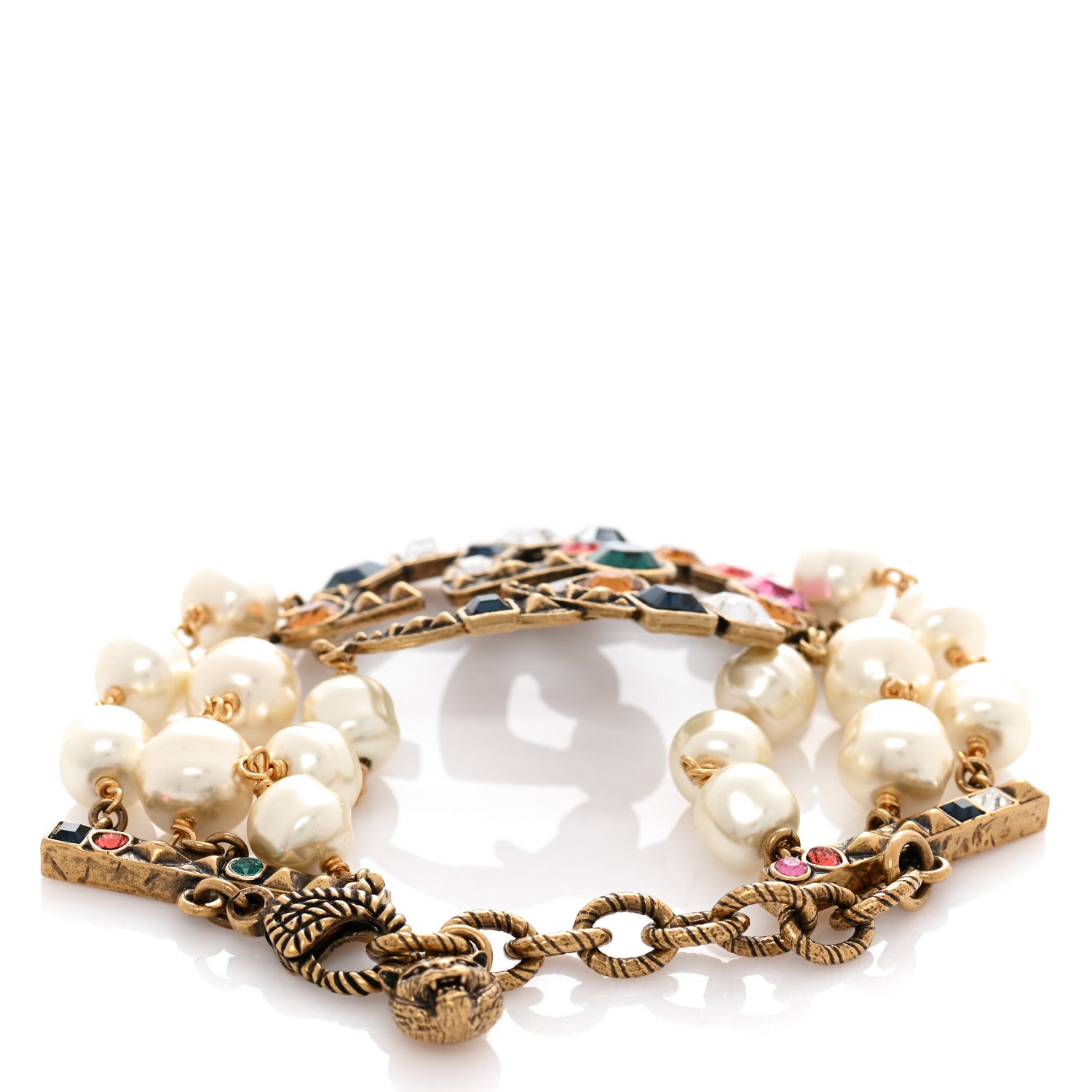 Gucci Metal Crystal Pearl Double G Bracelet Aged Gold Multicolor 3 of 5