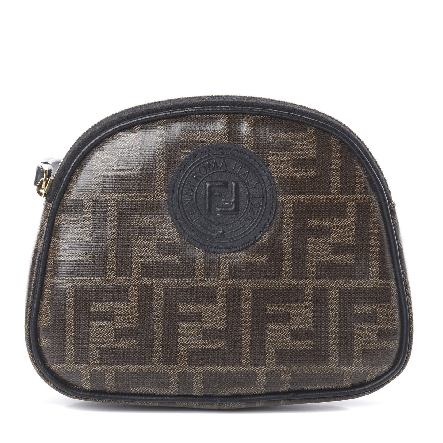 Glazed Fabric Vitello Century FF 1974 Stamp Patch Medium Cosmetic Case Mogano Panna Black