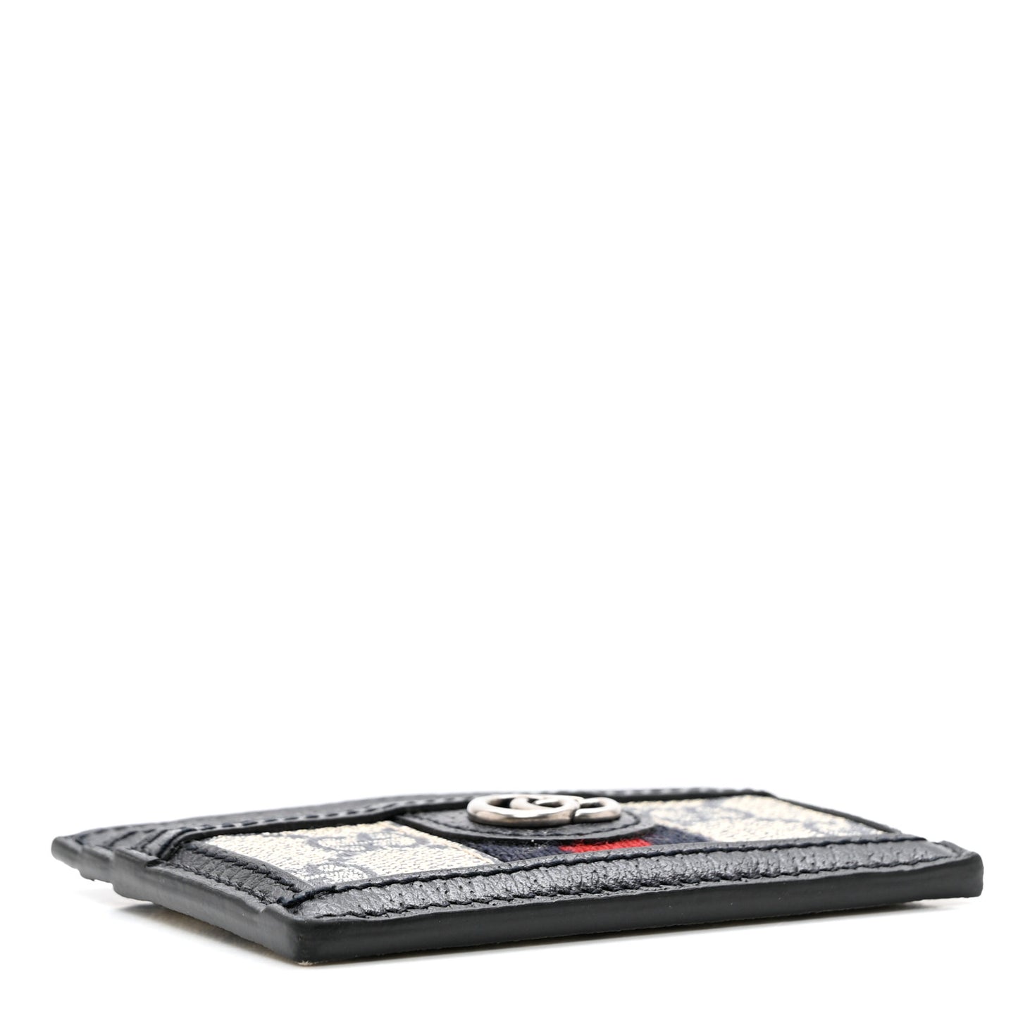 GG Supreme Monogram Textured Dollar Calfskin Web Ophidia Card Holder Beige Blue