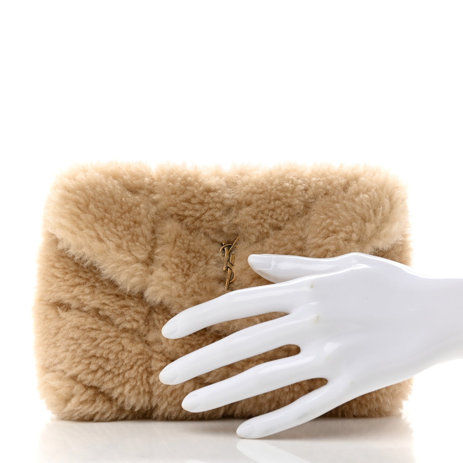 Saint Laurent Shearling Quilted Monogram Loulou Puffer Pouch Clutch Natural Beige 2 of 7