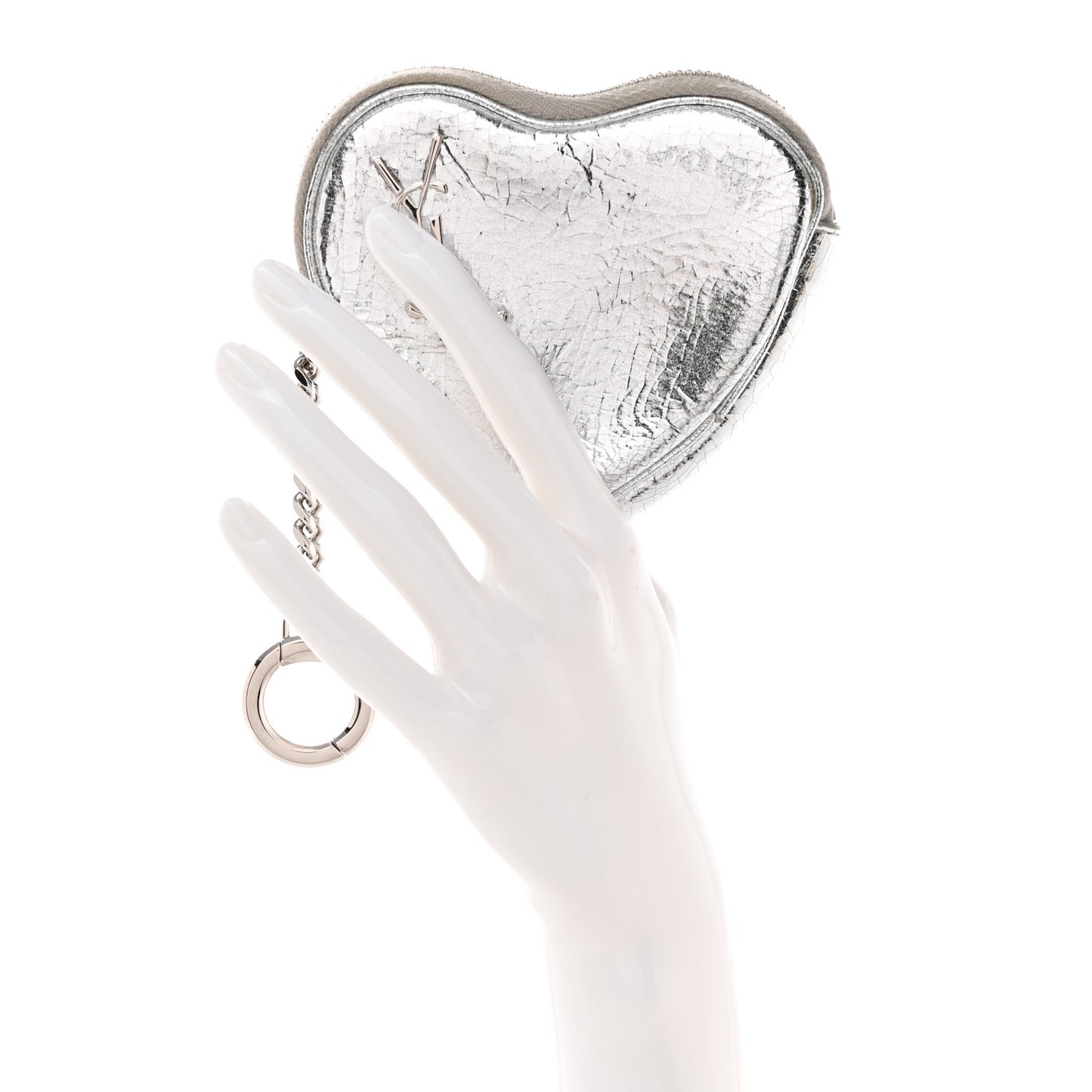 Metallic Cracked Calfskin Monogram Heart Key Pouch Silver
