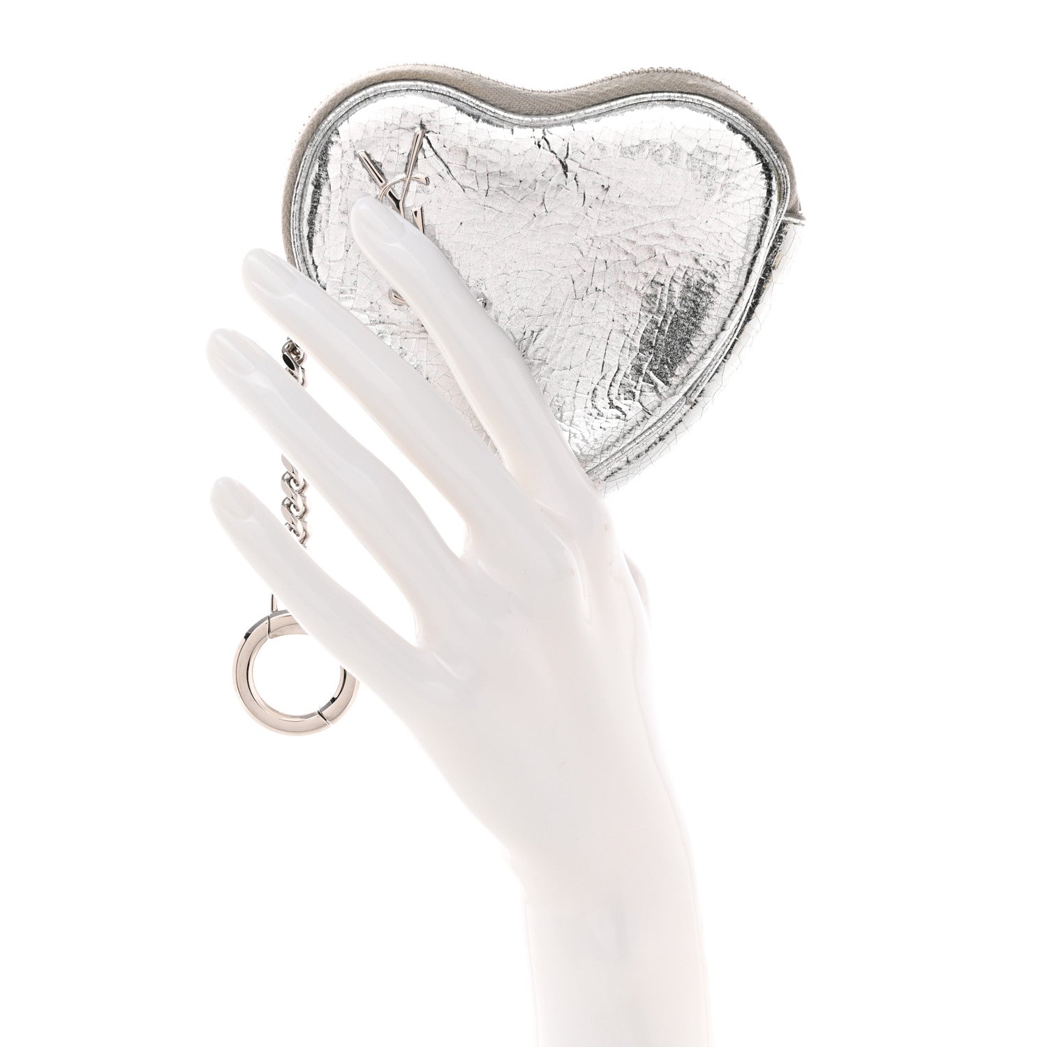 Saint Laurent Metallic Cracked Calfskin Monogram Heart Key Pouch Silver 2 of 10