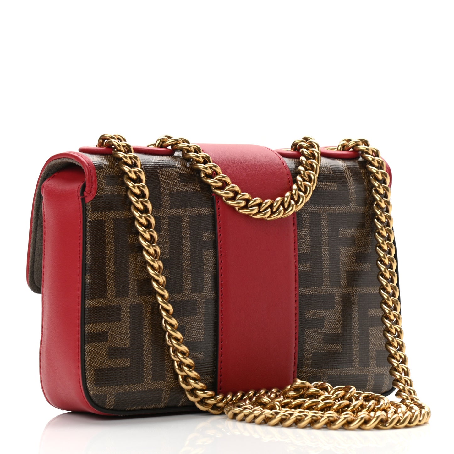 Glazed Fabric Vitello Century FF 1974 Stamp Patch Mini Double F Crossbody Bag Mogano Panna Fragola