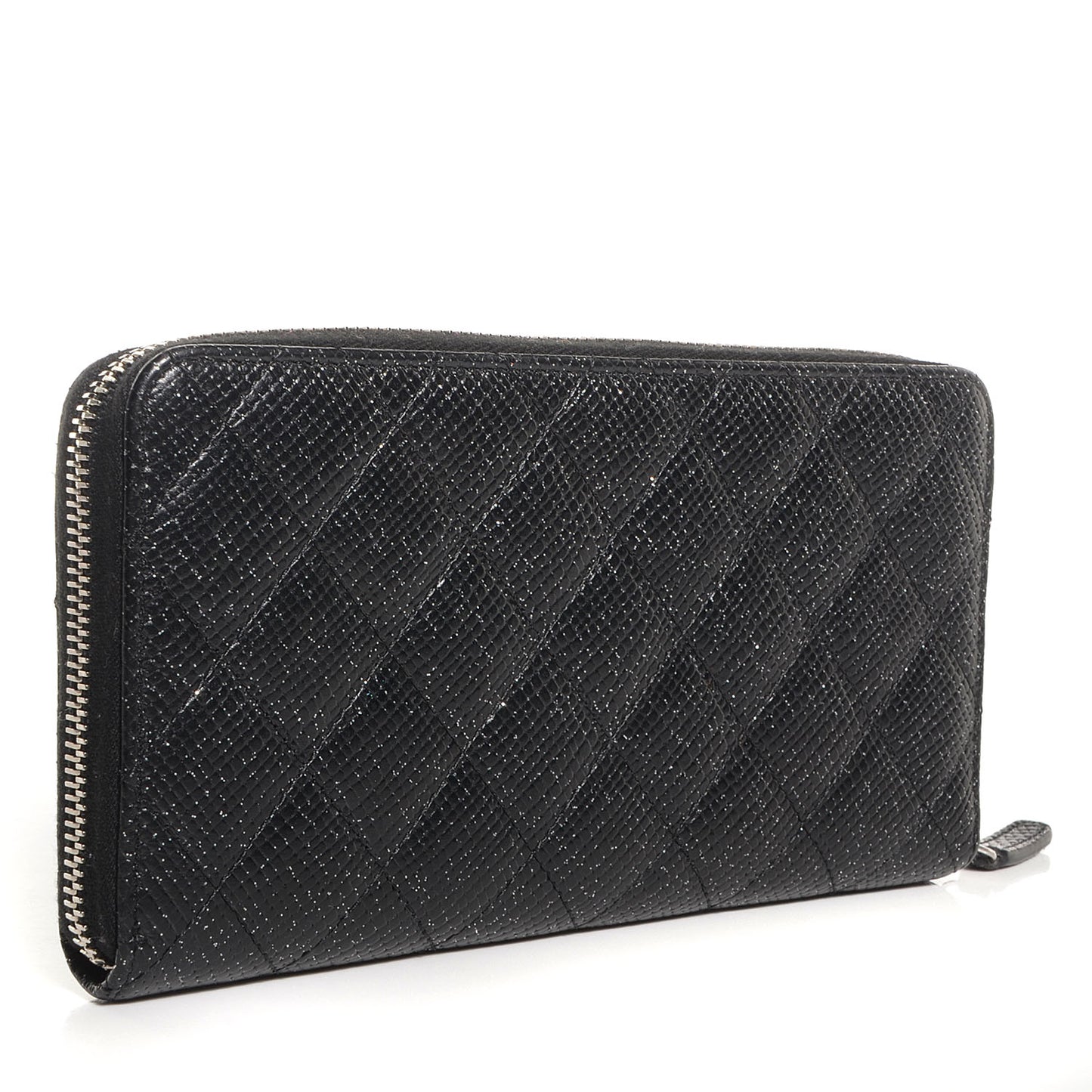 Glittered Calfskin Quilted Large Gusset Zip Wallet Black