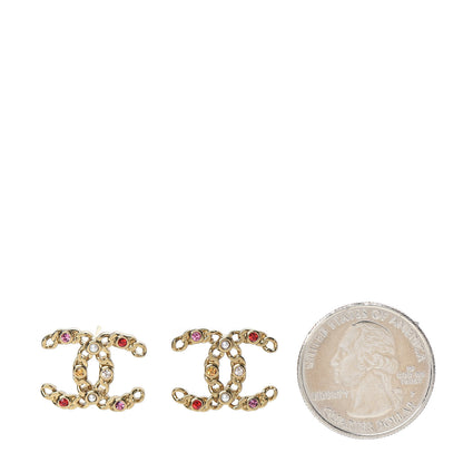 Chanel Pearl Crystal Chain Link CC Earrings Gold Red Pink Yellow 2 of 5