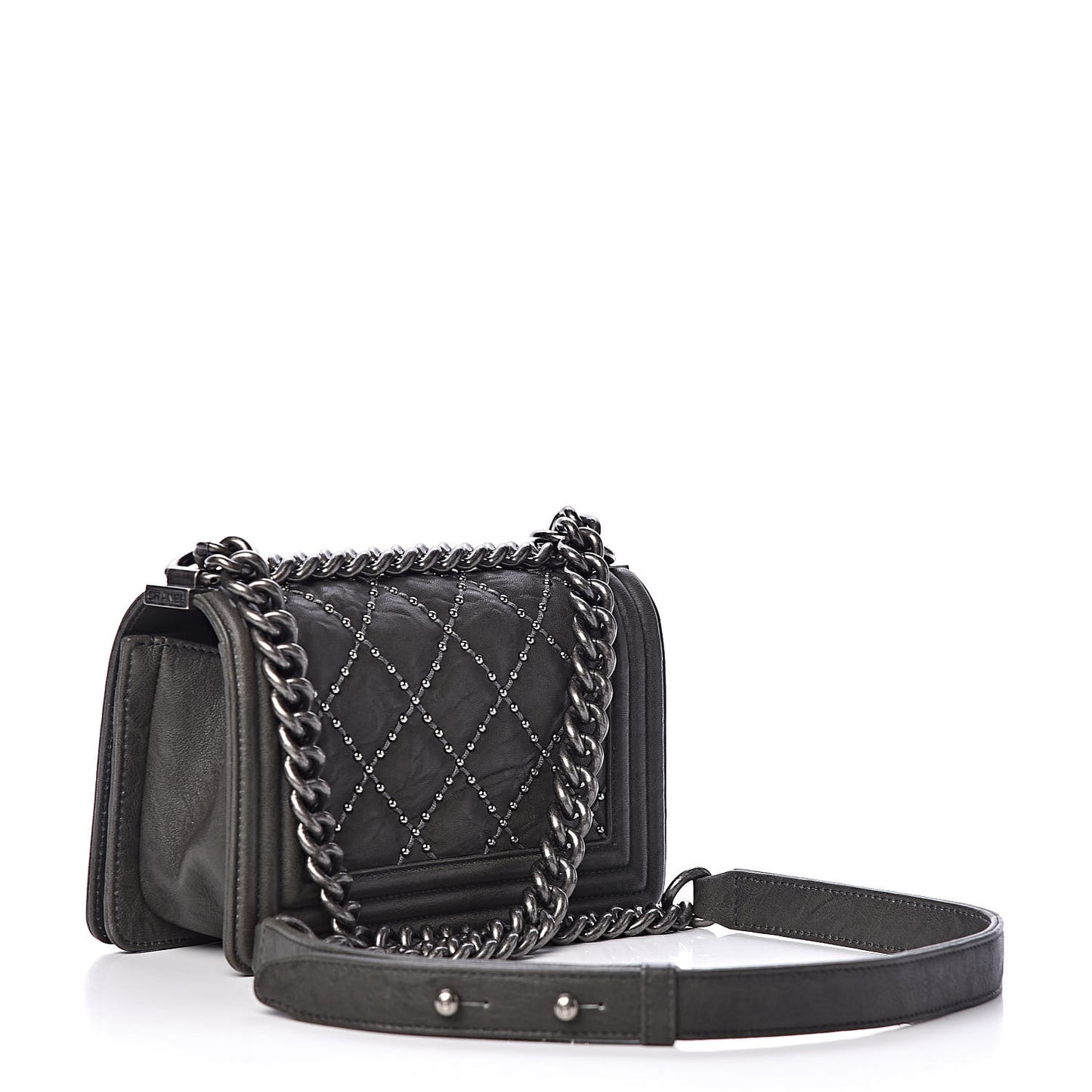 Crumpled Lambskin Small Studded Boy Flap Dark Gray