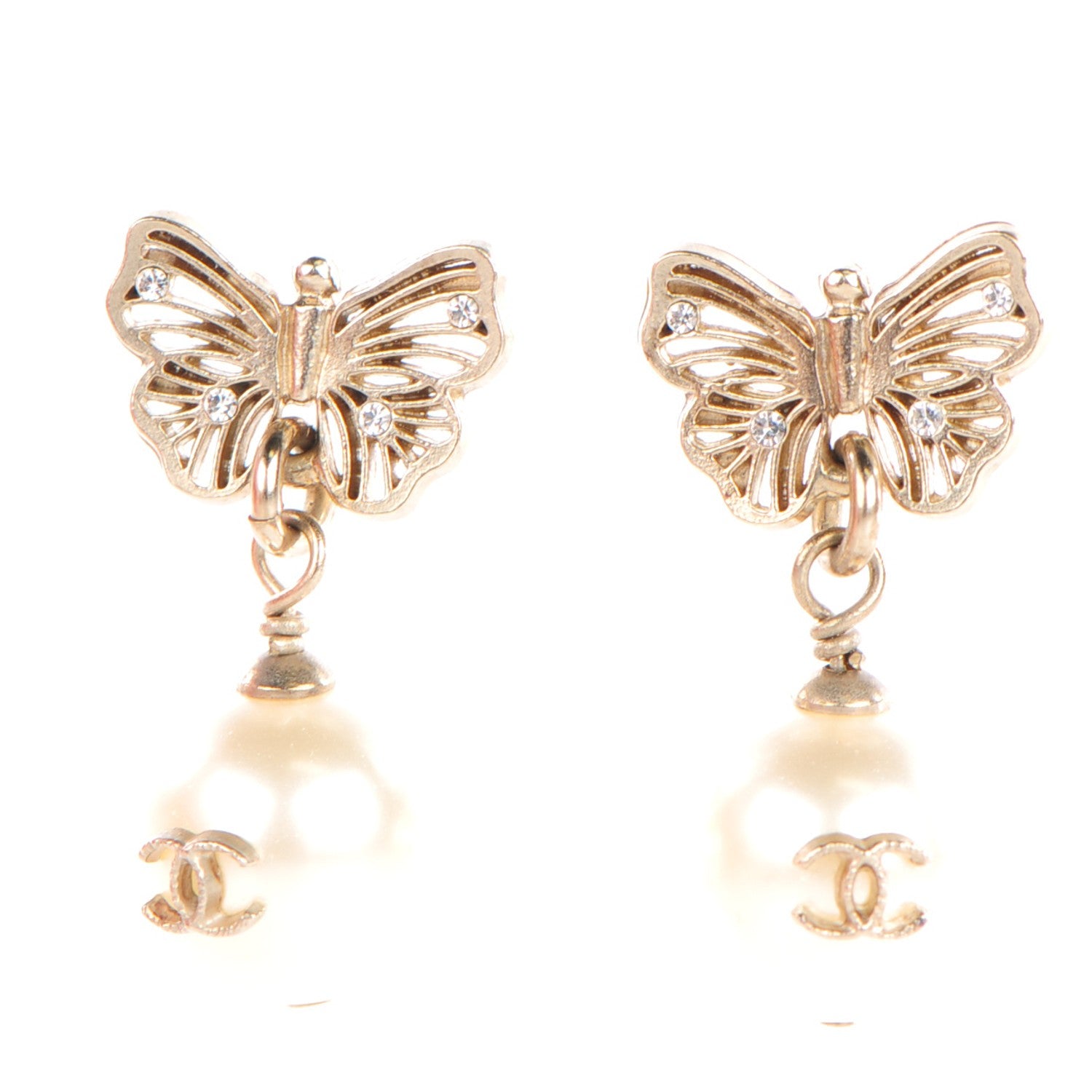Chanel Pearl Crystal CC Butterfly Drop Earrings Gold 1 of 6
