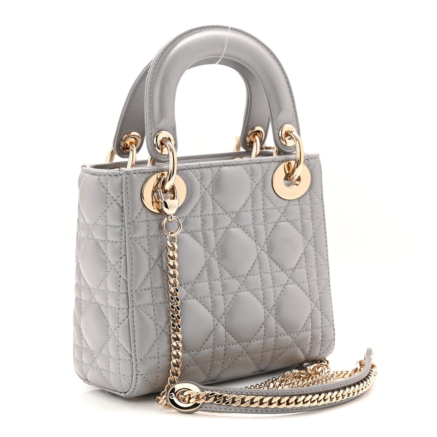 Metallic Lambskin Cannage Mini Lady Dior Grey