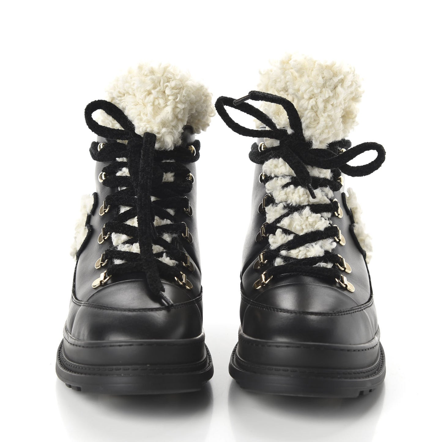 Calfskin Shearling CC Lace Up Boots 39.5 Black