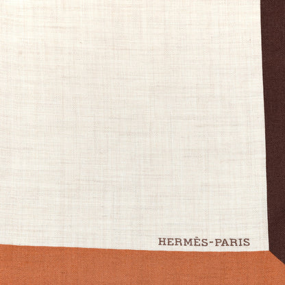 Hermes Cashmere Silk Encadre Blason Scarf 90 Naturel Chocolat Caramel 3 of 4