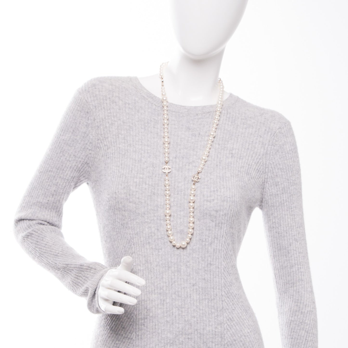 Graduated Pearl Crystal CC Long Necklace Gold
