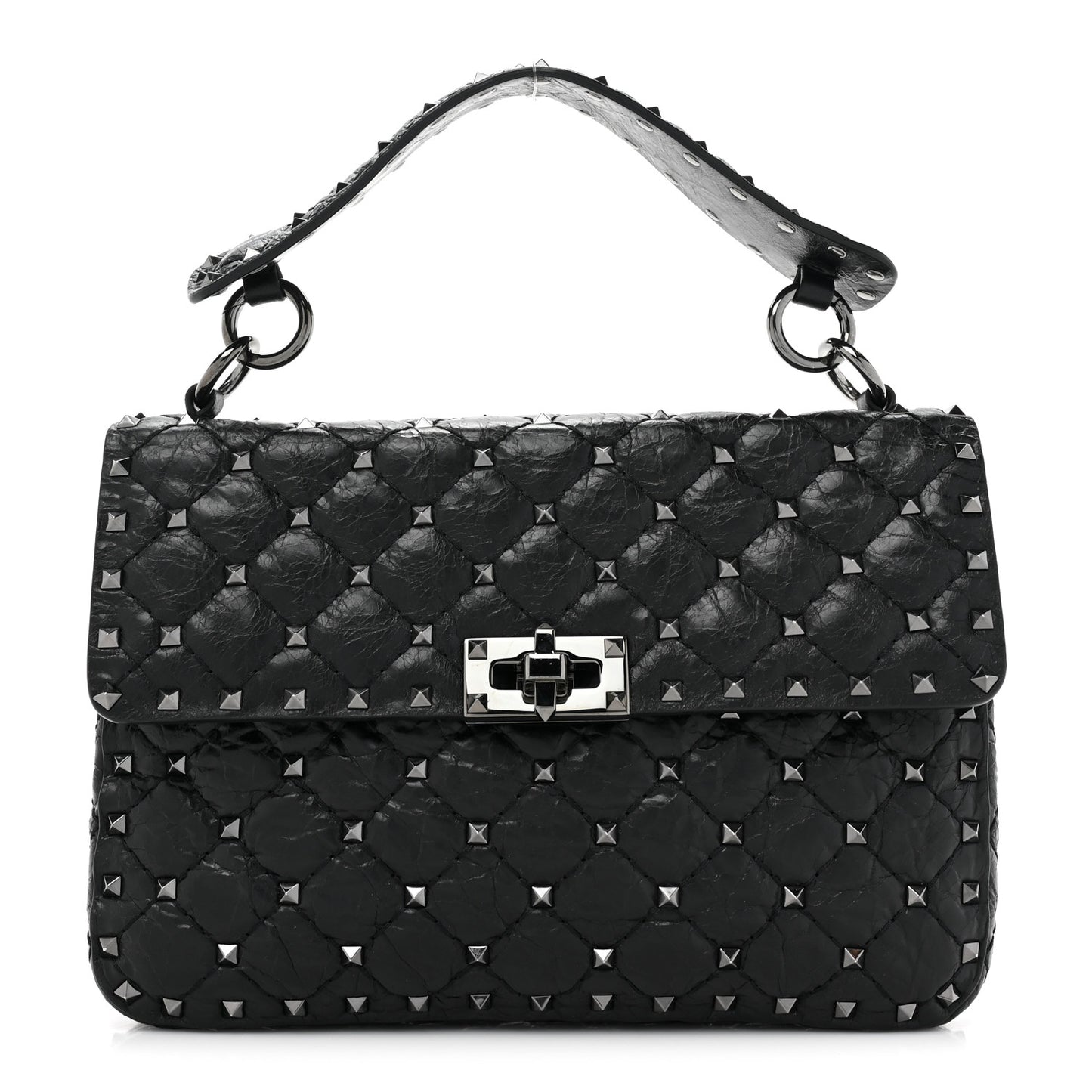 Craquele Nappa Medium Rockstud Spike Shoulder Bag Black